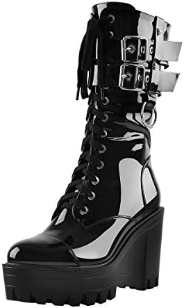 LISHAN Boots for Women Mid-calf Lace Up Platform Chunky High Heel Buckle Strap Punk Hiking Combat Winter Boots Black Size6