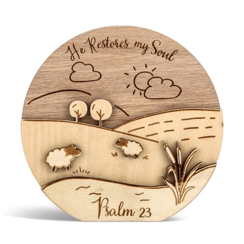 Bible Verse Scene Décor Plaque - He Restored My Soul - Psalm 23 Freestanding Wooden Desktop Ornament,Christian Gift, Religious Home Decor,Rustic Pastoral Sign Inspirational Room Office Bedroom Decor
