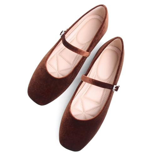 Image of TN TANGNEST Leather Flats for Women Retro Mary Jane Flats | Comfortable Square Toe Slip On Flats with Buckle Strap, Soft Work Flats Office Shoes