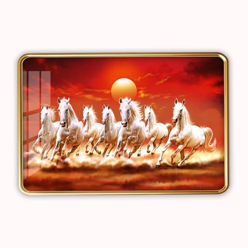 Image of 7 Running Horses Photo Frame, Ultra High Gloss Lamination, Vastu Painting for Living Room, Office, 12x18 Inch (Design 3)