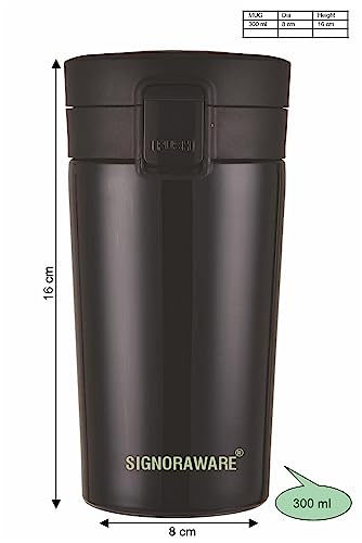 Image of Signoraware Hot Pour Coffeemate Insulated Mug, Vacuum Insulated Travel Coffee Mug with Lid, 8 Hours Hot and 14 Hours Cold, 300 ml, Set of 1, Black