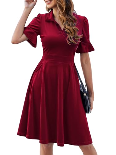 Image of Mokayee Womens Summer Ruffle Sleeve Collared V Neck Fit and Flare Elegant A line Swing Dresses with Pockets