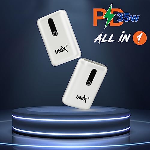 Image of UNIX UX-1515 10000mAh Power Bank | 35W PD Fast Charging | Compact Li-Polymer Battery with Digital Display & Built-in 4-in-1 Cables | Type-C, Lighting, USB-A Compatible for Android & iOS - White