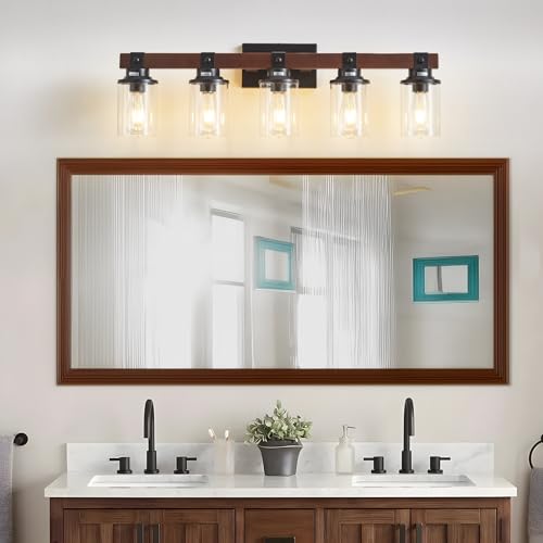 Image of 5 Bathroom Vanity Lights, Farmhouse Wooden Bathroom Light Fixture Over Mirror with Clear Glass, Wood Vanity Light for Bedroom,Living Room