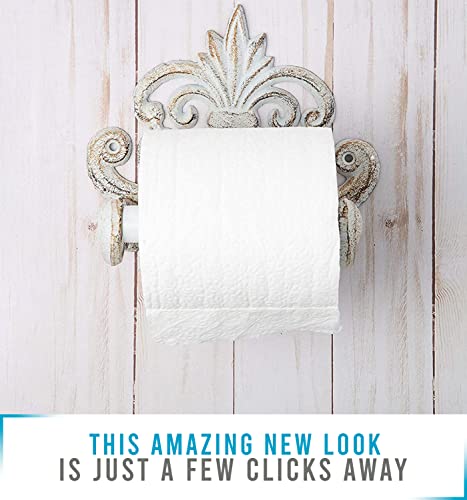 Fleur De Lis Cast Iron Toilet Paper Roll Holder - Cast Iron Wall Mounted Toilet Tissue Holder - European Vintage Design - 6.75" X 6.25" X 4.25” - With Screws And Anchors By Comfify (Antique White) #TOP4