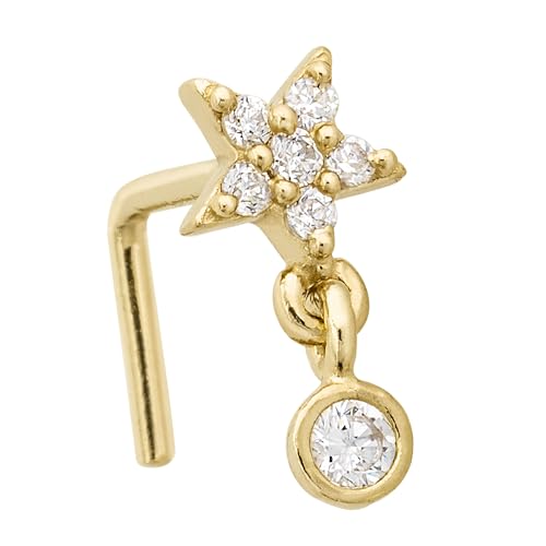 Jewelry Avalanche Solid 14K Yellow Gold Star L-Shape Nose Stud Dangling Bezel CZ Accent, 20G L-bend Nose Ring Stud 14KNLS112STR-CZ