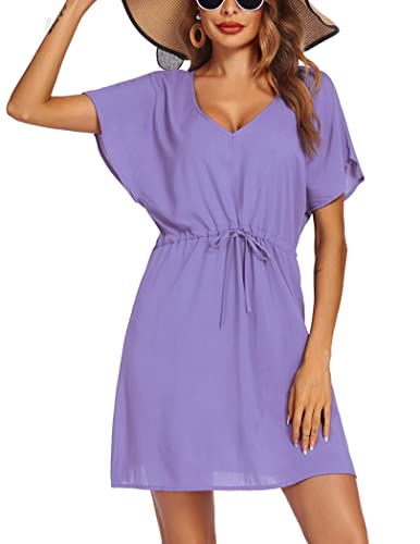 Image of Ekouaer Womens Swimsuit Coverup Short Sleeve Beach Cover Up Dress V Neck Bikini Beachwear