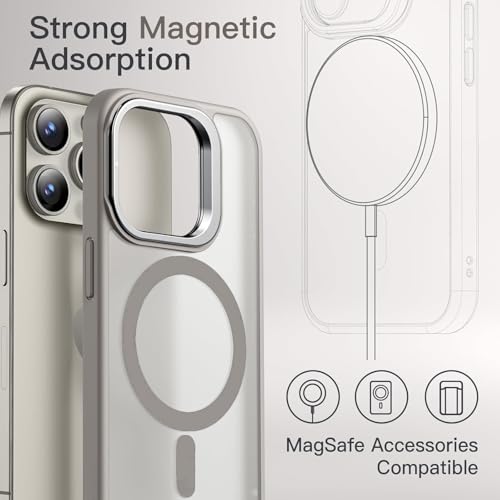 Image of Elzzi PC Kickstand Mag Safe Case For iPhone 16 Pro Max, Built-in Adjustable Camera Stand, Translucent Matte Magnetic Mag-Safe Shockproof Case Phone Cover (Titanium Grey)