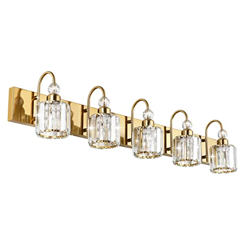 Image of Ralbay Crystal Vanity Lights 5-Lights Brass Gold Over Mirror Modern Bathroom Wall Lighting Fixtures