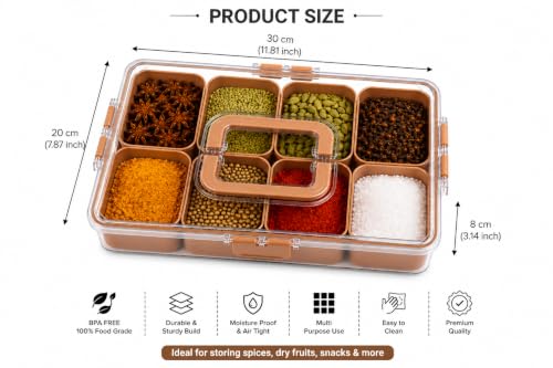 Image of MEKIT Square Masala Box for Kitchen, Plastic Container for keeping Spices, 8 Section Multipurpose Masala Box with Lid (LightPink -8C)