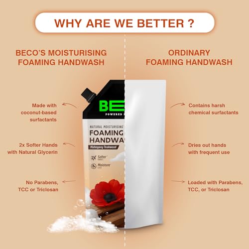 Image of Beco Moisturising Foaming Handwash-Mahogany Teakwood | Refill Pack - 700 ml | 8-hr moisture lock | Natural, Paraben free, Chemical Free | Kills 99.9% germs, Safe for all Skin types