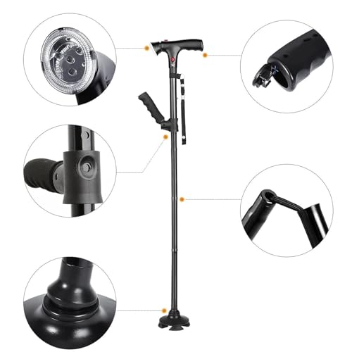 Bastón plegable telescópico con luz LED y alarma, altura ajustable, anticaídas, antideslizante, para personas mayores, ideal para ancianos y cuidadores