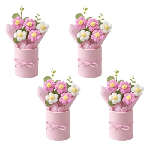 Image of VCR Handmade Pink Crochet Bouquet- Pack of 4 - Hand Woven Knitted Artificial Hand Knitted Bouquet Flower for Office Desk, Table, Car, Bedroom, Wedding & Special Occasions