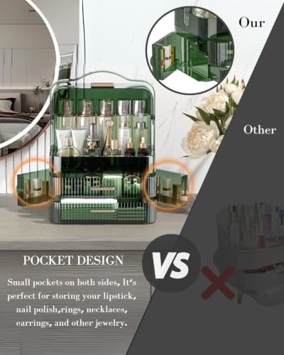 Image of LINFIDITE Cosmetics Storage Box Transparent Lid Large Makeup Organizer Box Drawers Portable Handle Waterproof Dustproof Skincare Display Cases for Countertop, Bathroom, Dresser,Gift Clear Green
