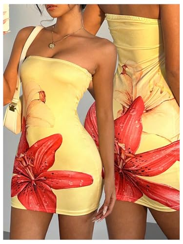 Image of WDIRARA Women's Floral Print Mini Tube Dress Summer Strapless Sleeveless Bodycon Dresses