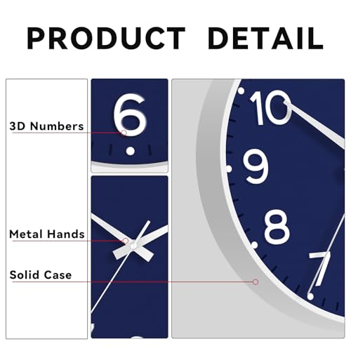 Image of Roymnie Wall Clock 12 Inch Silent Wall Clocks Battery Operated- Modern Non Ticking Analog Clock Decorative for Living Room Bedroom Office Kitchen(Navy Blue)