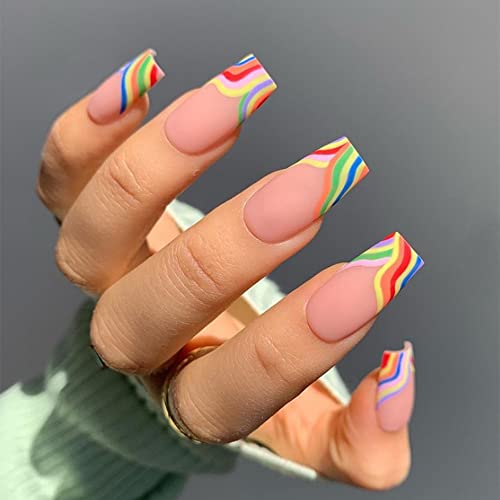 SXVME Colorful French Tip False Nails Long Square with Swirls Design Natural Nude Press on Nails Long Coffin Fake Nails for Women Daily Wear 24 Pcs - Image 2