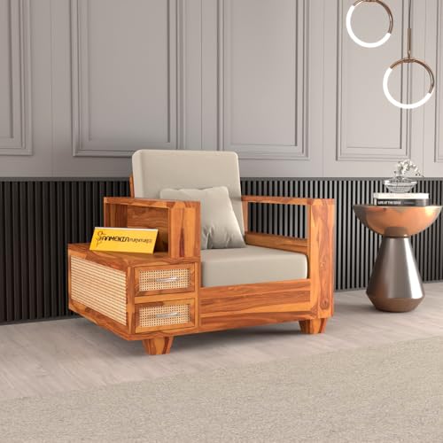 Image of Sheesham Wood Single Seater Sofa | 1 Seater Sofa with 2 Drawer Storage | Wooden Sofa Set Furniture for Living Room Home Office (Natural Cane,Honey Finish)