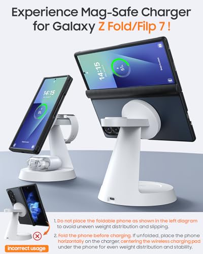 Image of Meifigno Magnetic Wireless Charger for Samsung, 3 in 1 Charging Station Compatible with MagSafe Samsung Charger for Galaxy S26 Ultra S25 Z Fold7 /Flip7, Charger Stand for Galaxy Watch Ultra 8 7, White