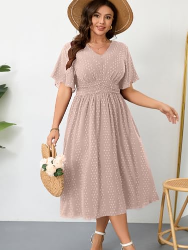 Image of RWJ Women's Plus Size Maxi Dress V Neck Short Sleeve Swiss Dot A Line High Waist Boho Swing Casual Summer Dresses