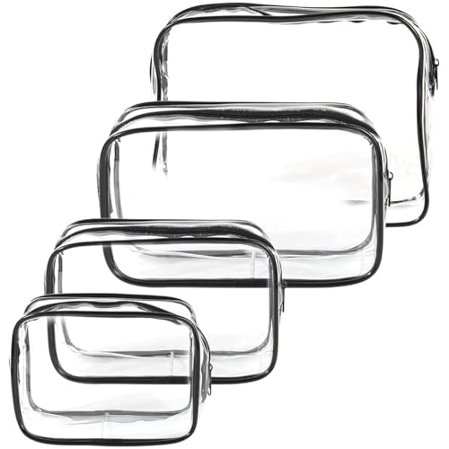 Pack of 4 Clear Toiletry Bags, PVC Waterproof Travel Essential with Multiple Sizes (S/M/L) to Organise Cosmetics & Essentials for Family Travel, TSA Compliant Clear Makeup Bag