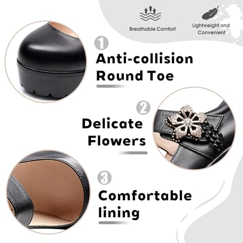 Women's Leather Platform High Chunky Heel Dress Mary Jane Pumps with Adjustable Flowers Hook and Loop Fashion Closed Round Toe Comfortable Non-Slip Waterproof Pump Shoes for Formal Wedding Party Work4