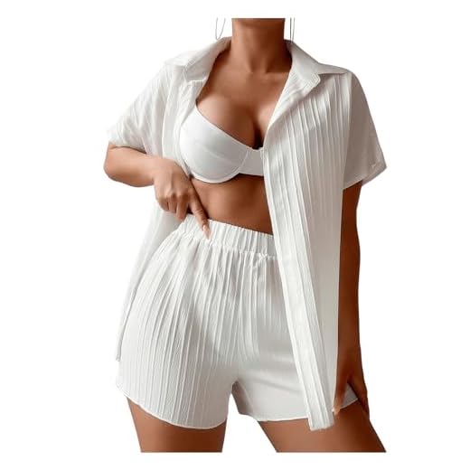 SHENHE Conjunto de saída de praia feminina de duas peças, quimono e shorts com frente aberta, Branco, Large