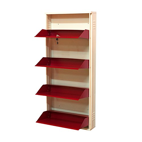 Image of DELITE KOM 24 Inch Wide, 4 Shelf Metal Shoe Rack Wall Mounted for Home with Central Lock Holds Upto 12 Shoes or 20 Slippers Pair 1 Year Warranty | (54 x 24 x 5 Inch, Ivory Brick Red) DIY Space Saving