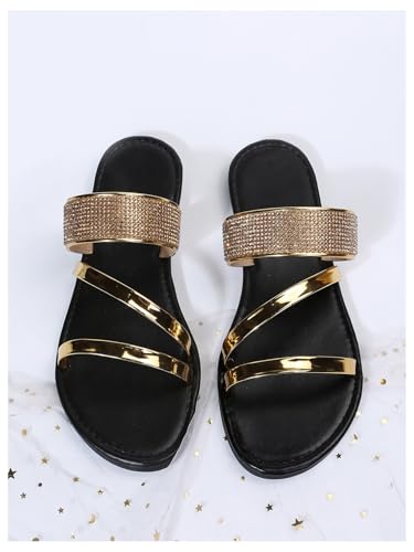 GORGLITTER Women's Metallic Strappy Flat Sandals Dressy Sparkly Open Toe Slide Vacation Summer Sandals3