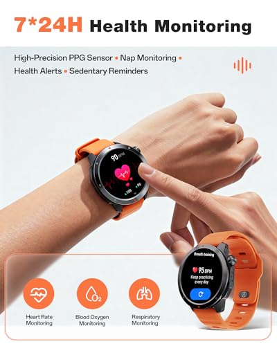 Image of AOLON GPS Smart Watch for Men, 1.43'' AMOLED Smartwatch with Compass /Barometer /Altimeter, Heart Rate /Sleep Monitor, 30M Waterproof, 60+ Sports Fitness Tracker for Android /iOS, Black & Orange (2 Bands)
