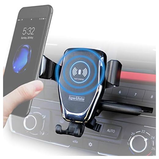 Aigner & Reiter Mobilhållare bil med laddningsfunktion för CD-kortplatsen | KFZ Mobilhållare inklusive induktion trådlös laddare för CD-facket | kompatibel med alla smartphones med Qi-standard