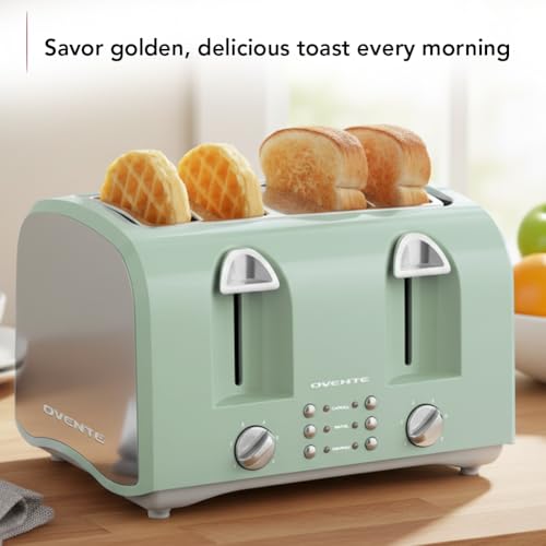 OVENTE Electric 4-Slice Toaster Machine with 6-Shade Selector Setting, Cancel Button, Defrost Function, Crumb Tray, 1400W Power and Wide Slots for Bagels, Waffles and Puff Pastry, Light Blue TS4410LBL by OVENTE - Image 2