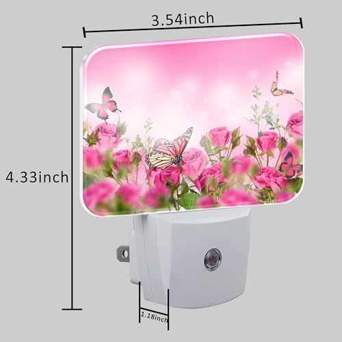 Image of Beautiful Pink Roses Plug in Night Lights, Pink Butterfly Nightlight Plug Into Wall Dusk to Dawn Sensor for Kid Girls Boys Women Men Room, Hallway, Kitchen, Bathroom, Stairs Decor
