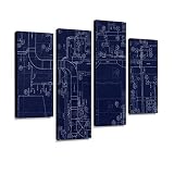 HIPOLOTUS 4 Panel Canvas Pictures HVAC Blueprint Wall Art Prints Paintings Stretched & Framed Poster