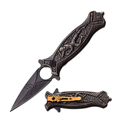 Masters Collection Folder Dark Stone Wash Stainless Sculpted Ninja Art Handle with Pocket Clip & Glass breaker, 4.5"