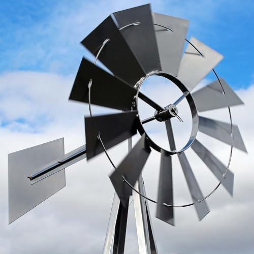 Wiltec Éolienne de Jardin Design US – 670 x 670 x 2450 mm – Couleur argentée – Moulin avec Roulement à Bille – Girouette Roue Texas décorative déco – vue 2