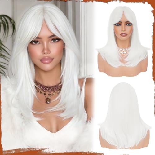 Sofeiyan Long Straight Layered Wig 20 Inch White Wigs with Bangs Natural Looking Soft Heat Resistant Synthetic Medium Length Hair Wigs for Women Daily Party Use