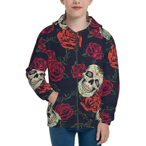 Roses Skulls Kid Hoodies Boys Zip Up Sweatshirts Girls Pullover with Pocket3