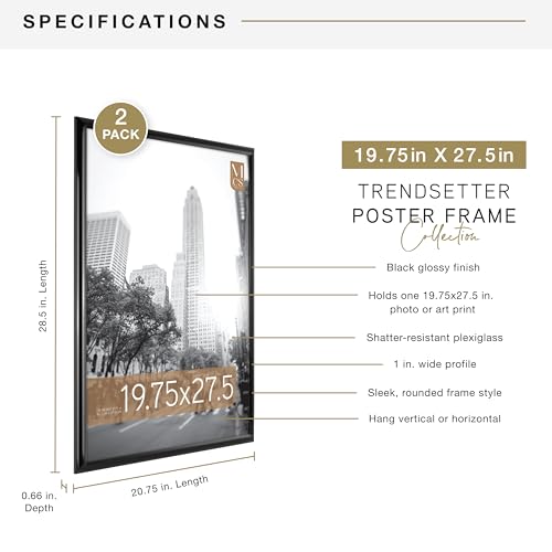 MCS Trendsetter 19.75x27.5 Poster Frame Black High-Gloss, Vertical & Horizontal Wall Hanging Large Picture Frame for Photos, Posters & Art Prints (2-Pack)