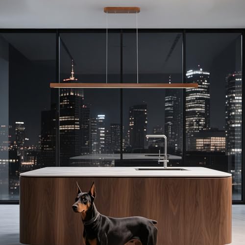 Image of 71 inch Walnut Wood Linear Pendant Light Dimmable LED Chandelier 40w Remote Adjustable Hanging Height Modern Farmhouse Minimalist Fixture for Kitchen Island Dining Room & Bar