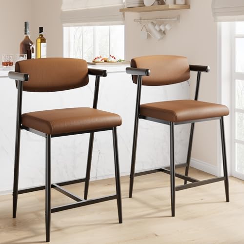 Image of GarveeHome Counter Height Bar Stools Set of 4 with Armrests, 26 inch Upholstered 4pcs Tall Bar Stools Set, Long Backrest & Extra Thick Cushion, Modern High Barstools for Kitchen Island, Pub, Coffee Brown
