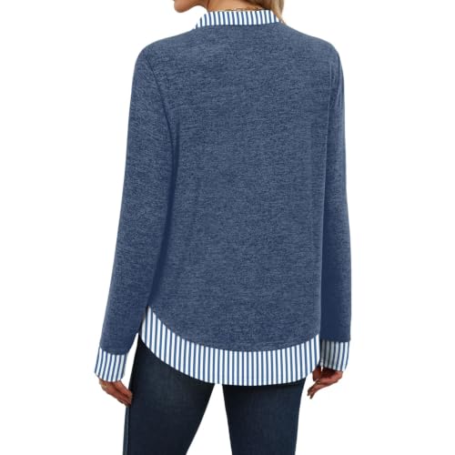 Womens Tops Fake Two Piece Loose Fit Long Sleeve High Low Preppy Shirts - image 4
