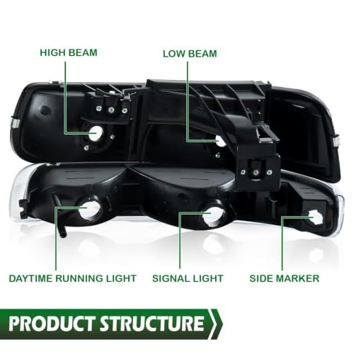 Image of GRAND ORANGE Front Headlight Assembly+ Bumper Lights Lamps Compatible with Chevy Silverado 1999-2002, Fit Tahoe Suburban 2000-2006 15199559, 15199558, 16526134 Chrome Housing Clear lens Corner 4pcs