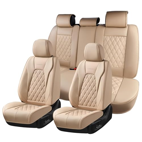 Image of Coverado Leather Seat Covers, Car Seat Cover Full Set, 5 Seats Beige Seat Covers, Automotive Seat Covers Waterproof Car Seat Cushion Protectors Universal Seat Cover Fit for Most Cars Trucks SUV