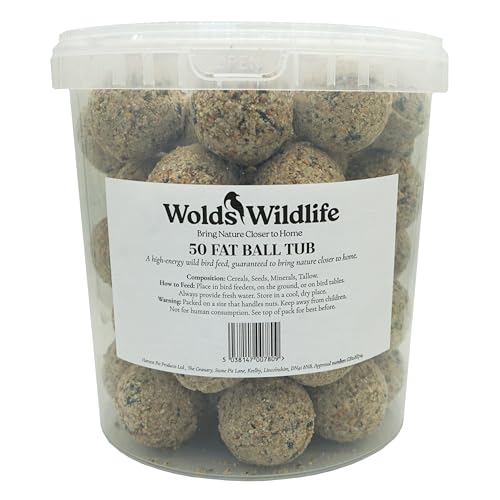 Wolds Wildlife - Premium Suet Fat Balls 50 x 80g Tub - High-Energy All-Season Fat Balls for Wild Birds - Enriched with Human-Grade Beef Tallow - High Energy Bird Food with Essential Oils & Protein