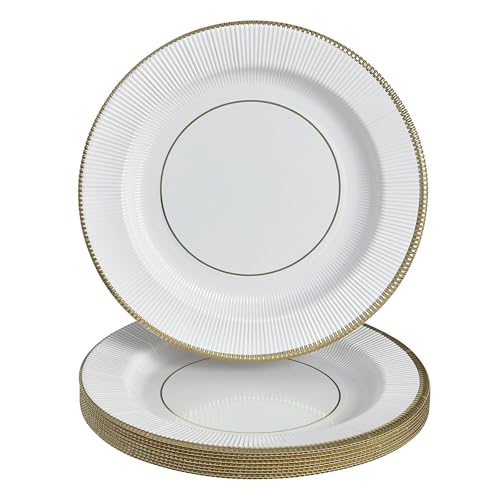 Silver Spoons DISPOSABLE ROUND RIPPLED RIM CHARGER PLATES - 10 PC - Gold/White