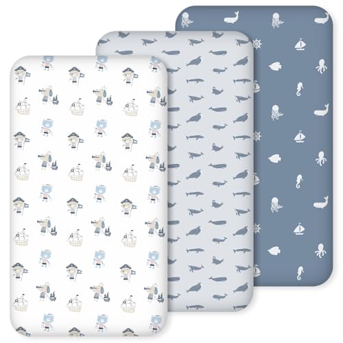 Image of Nap Mat Sheet 47"x24", 3 Pack Blue Ocean Sailor Baby Crib Sheets Fitted Elastic Corners, Preschool Day Care Rest Mat Cover, Soft Breathable - Compatible with Regalo My Cot, Joovy Travel Cot