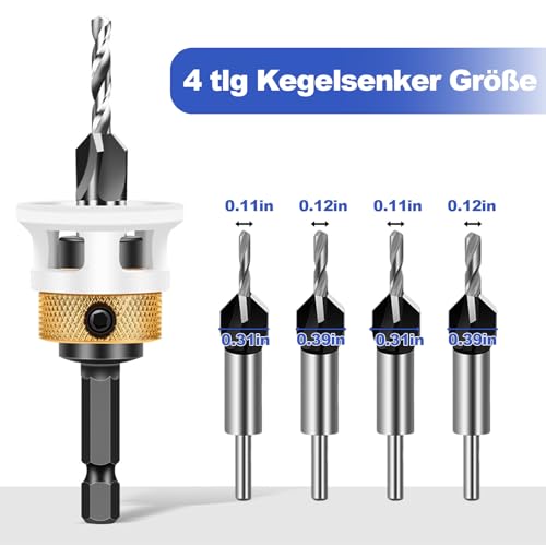 6 Tlg Kegelsenker, Senker, Senkbohrer Holz Mit Tiefenanschlag & 1/4 Hex Schaft, Aus Aluminiumlegierung, Präzise Bohrungen, Für Holzverarbeitung, Gleichmäßige Bohrungen Zu Erzielen