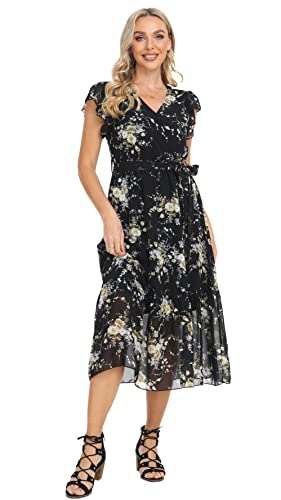 Image of VintageClothing Womens Sundress Casual Floral Summer Boho Dress | Flowy Wrap V Neck Ruffle A-Line Pleated Hem Midi Dresses