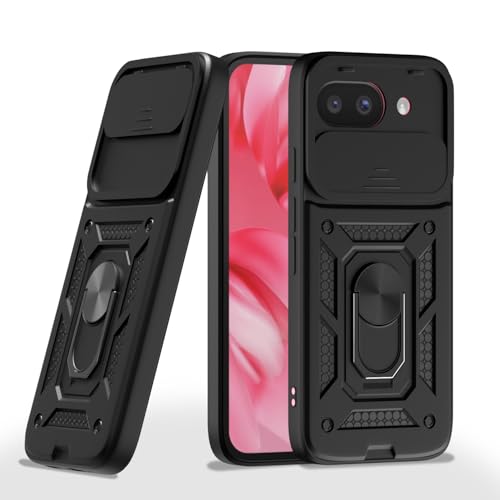 Image of Pikkme Back Cover for Google Pixel 9A | 360 Protection Case | Sliding Camera Shield Cover & Ring Holder Stand D10 Tough Armor Bumper Case (Black)